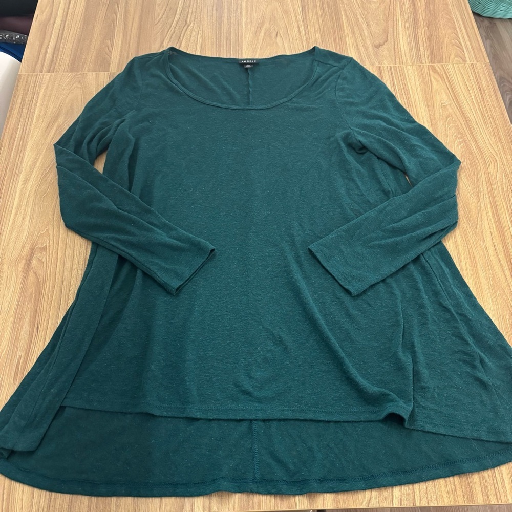 Linen Blend Crew Neck Drop Shoulder Hi-Low Tunic - Picture 5 of 9